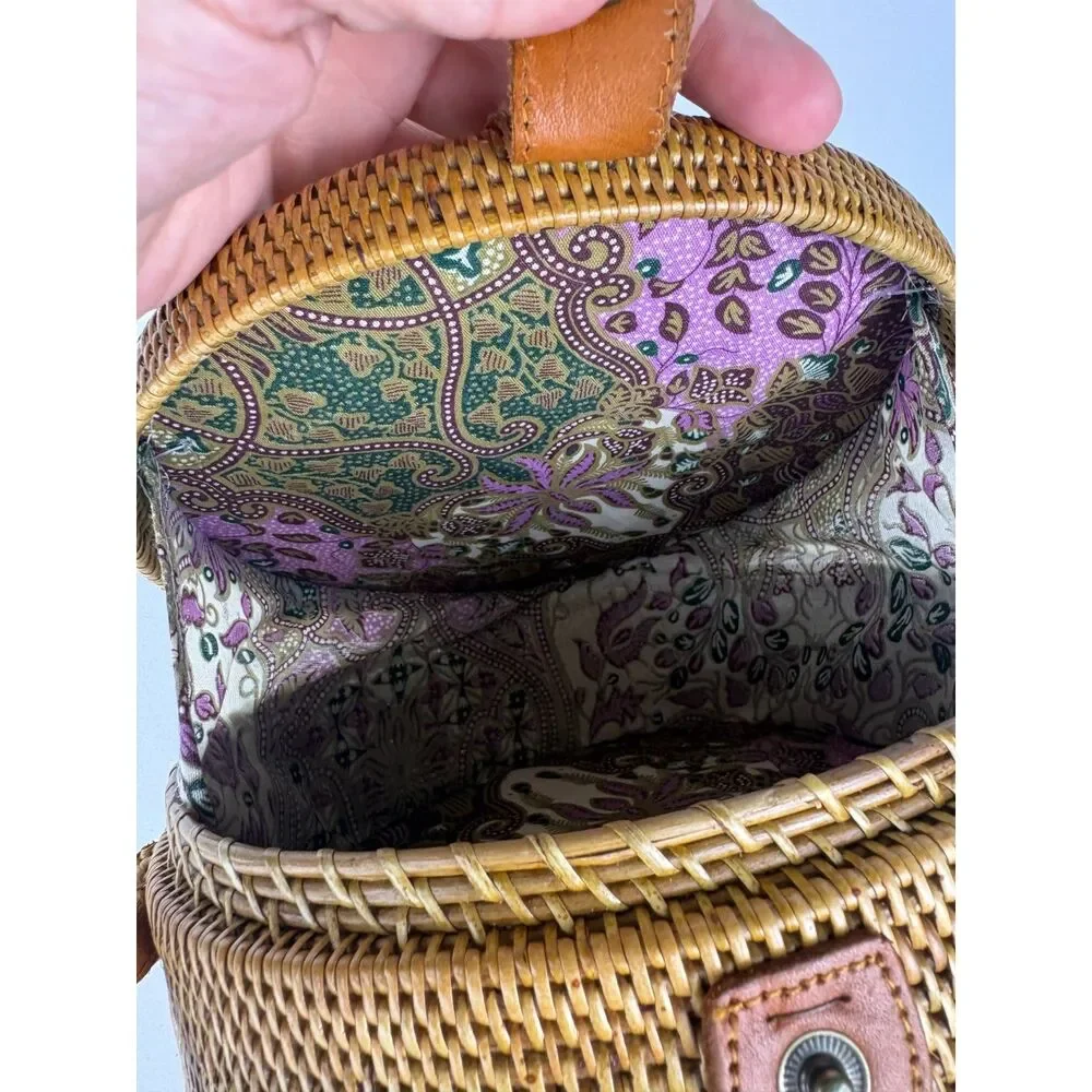 Bali Ata Grass Round Crossbody Bag Rattan Leather Batik Lined Boho Wicker Purse